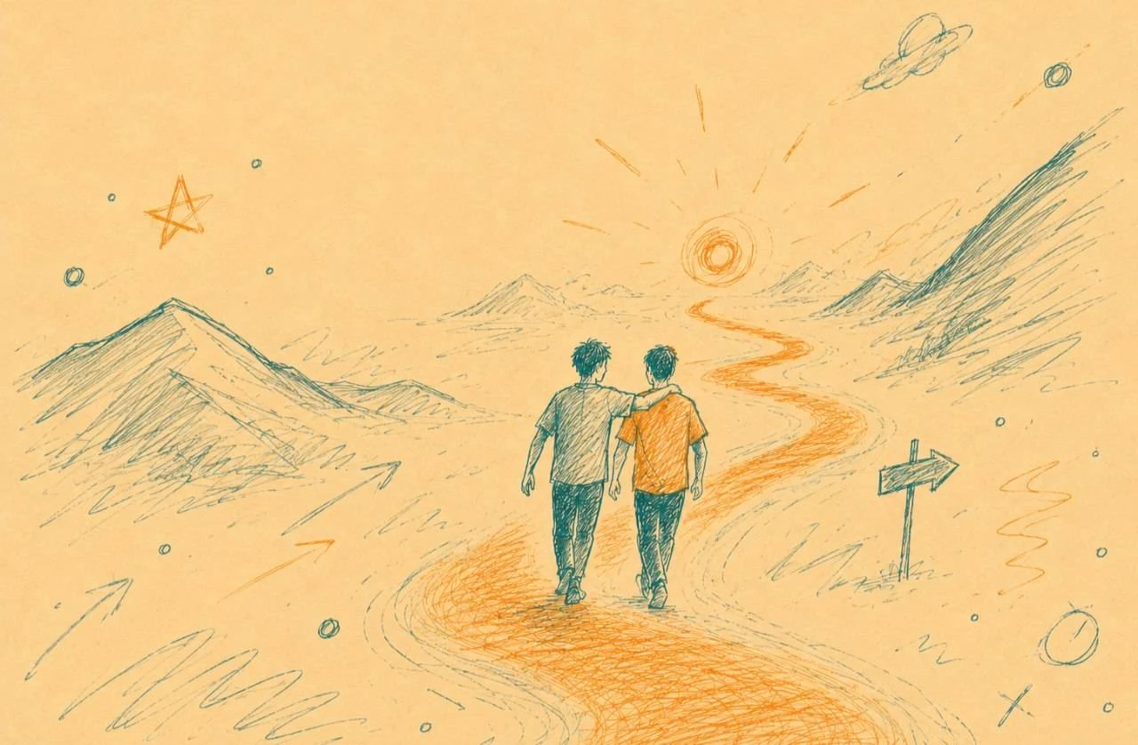 Illustration of two people walking together along a winding path toward mountains and a rising sun, in the Ham-Masir teal-and-peach palette